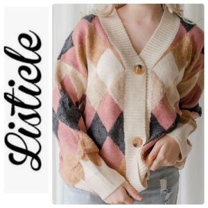 Anthropologie Listicle argyle chunky knit cardigan sweater large